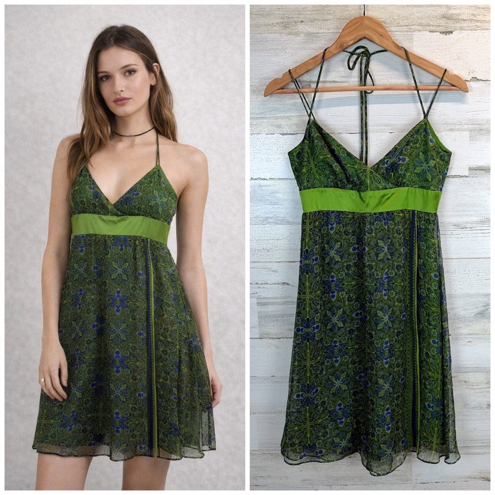 90s Laundry by Shelli Segal Green Chiffon Halter Slip Dress 0 Fairycore XS